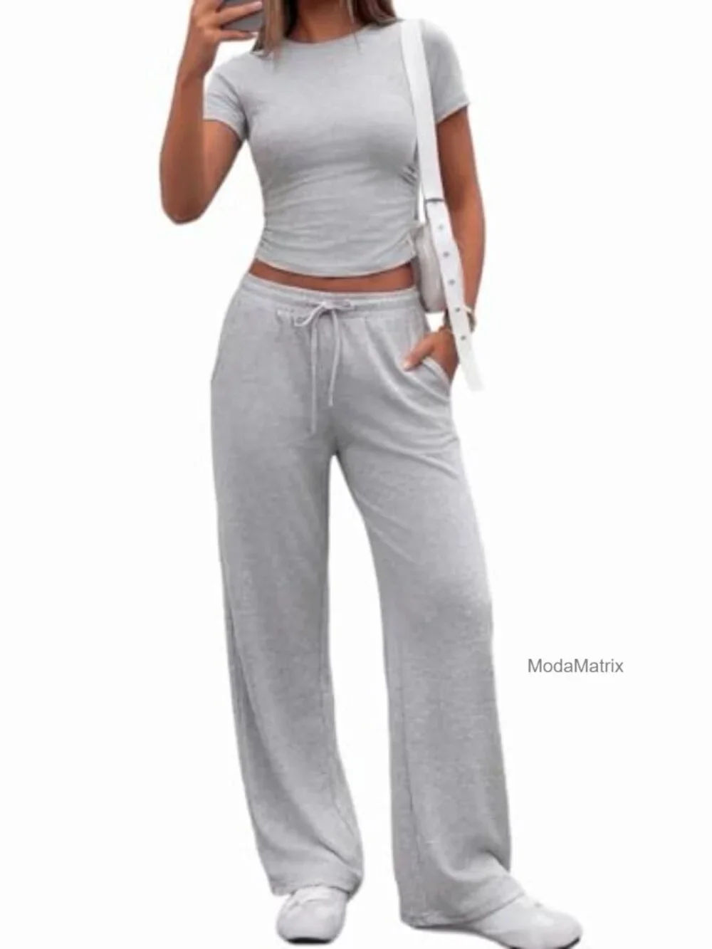 2 Piece Lounge Set - Fitted Tee & Wide Leg Pants with Pockets
